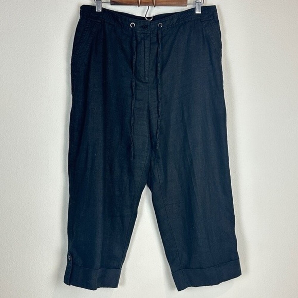 JM Collection Black Linen Wide Leg Cuffed Cropped Pants 12